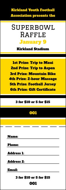 Sports Raffle Ticket 001 in Black and Yellow Product Front